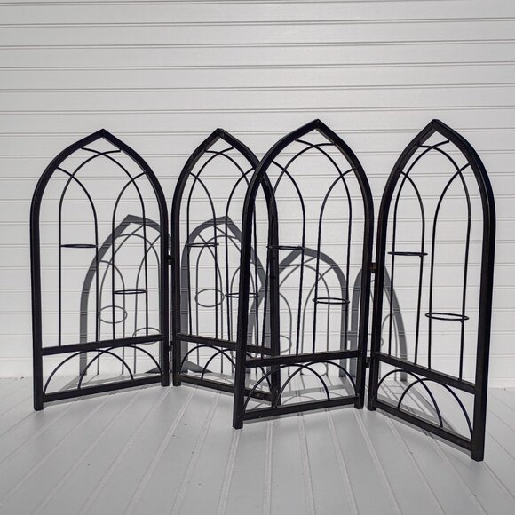 Cathedral Window Votive Candle Holders Gothic Black Wrought Iron Pair Arched Vtg - Picture 16 of 16